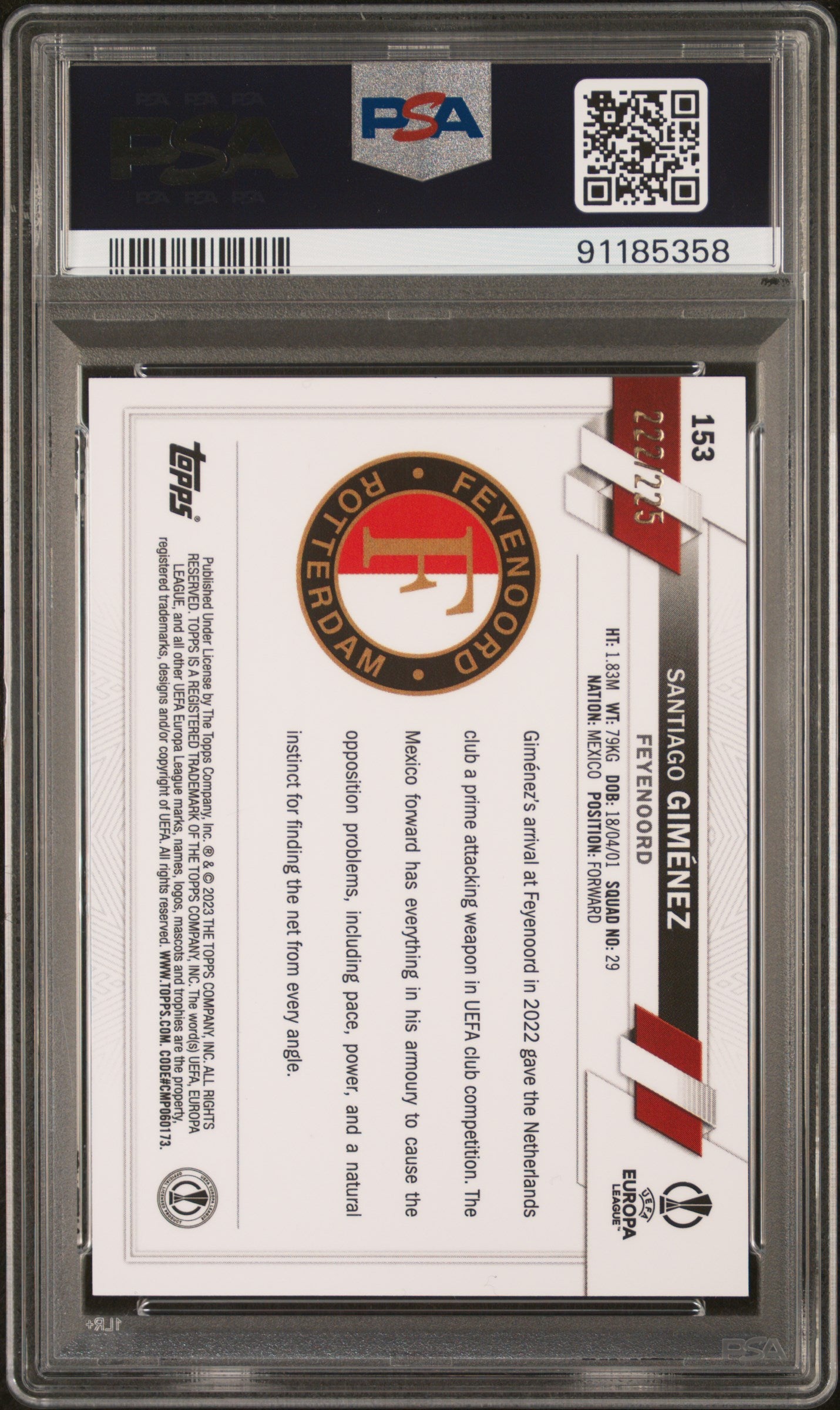 2022-23 Topps Chrome UEFA Santiago Gimenez Rookie Night Vision Ray Wave 222/225 PSA 10