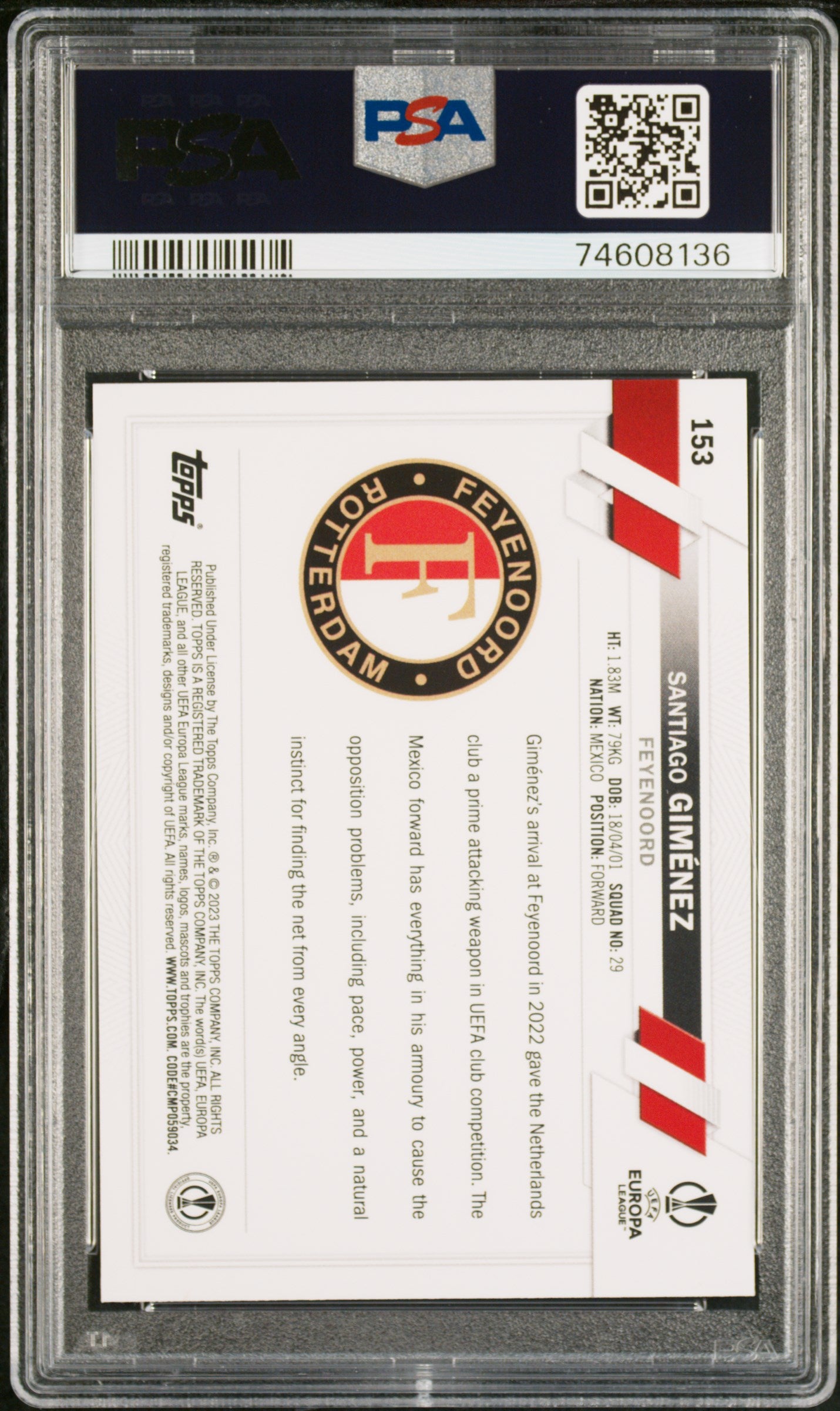 2022-23 Topps UEFA Santiago Gimenez Rookie Inferno PSA 10