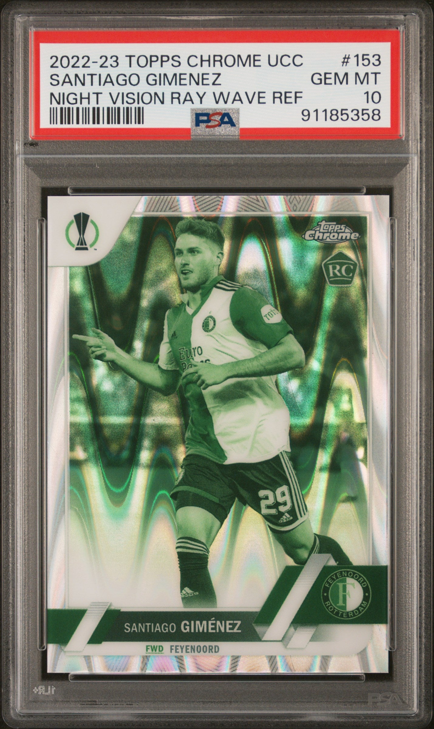 2022-23 Topps Chrome UEFA Santiago Gimenez Rookie Night Vision Ray Wave 222/225 PSA 10