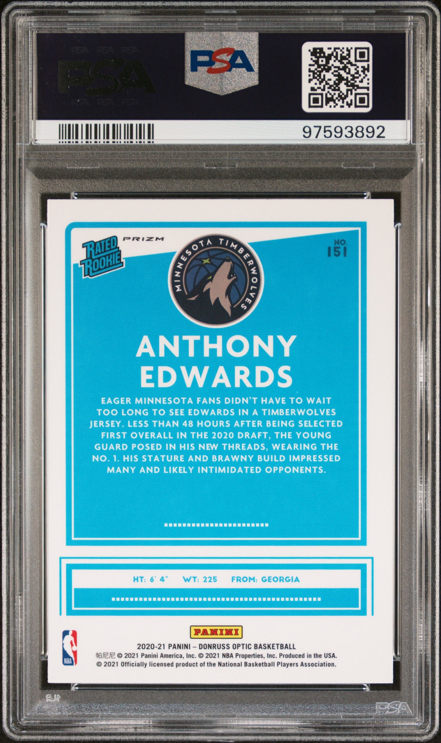 2020 Panini Donruss Optic #151 Anthony Edwards Rated Rookie Blue Velocity PSA 10