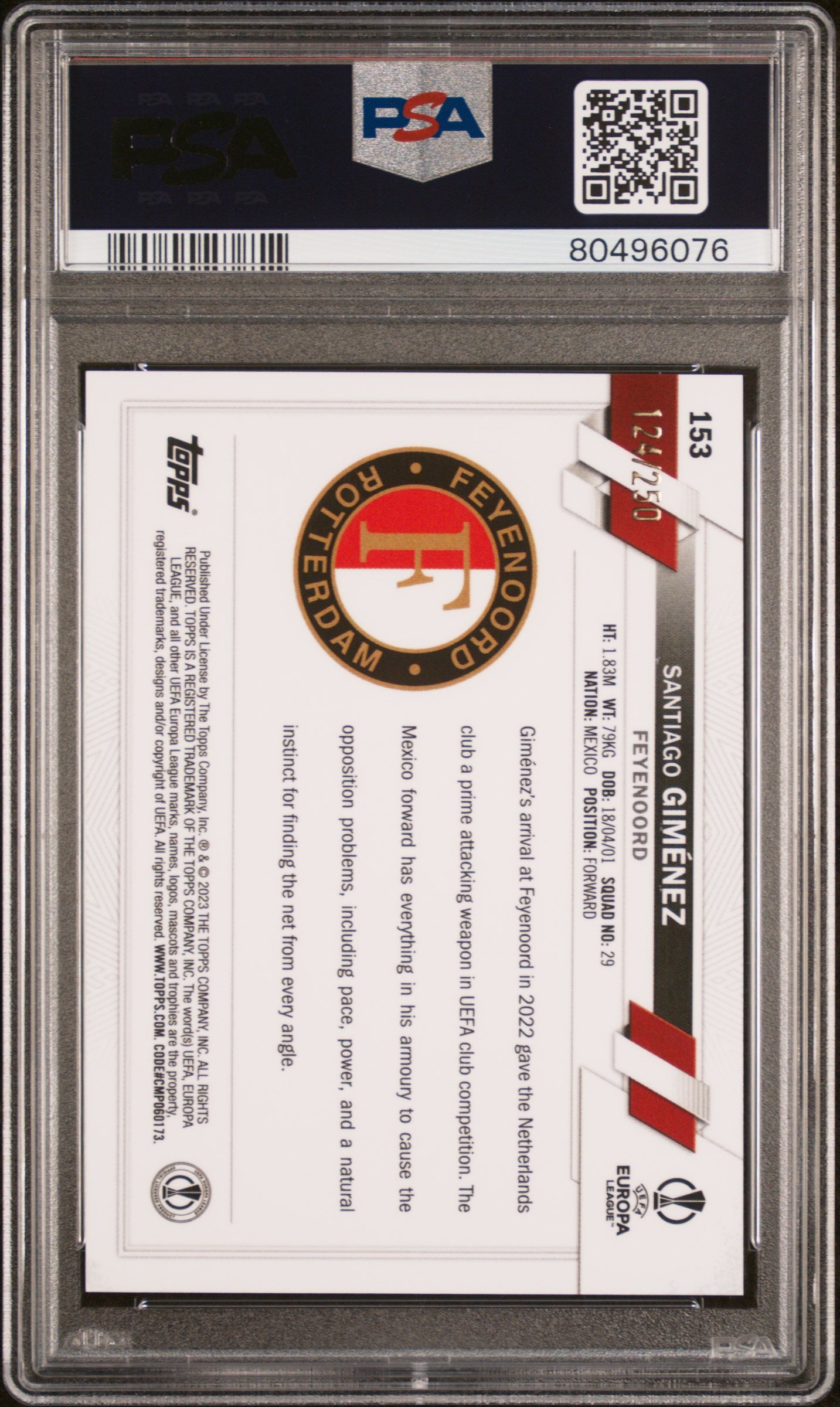 2022-23 Topps Chrome UEFA Santiago Gimenez Rookie Pink X-Fractor 124/250 PSA 10