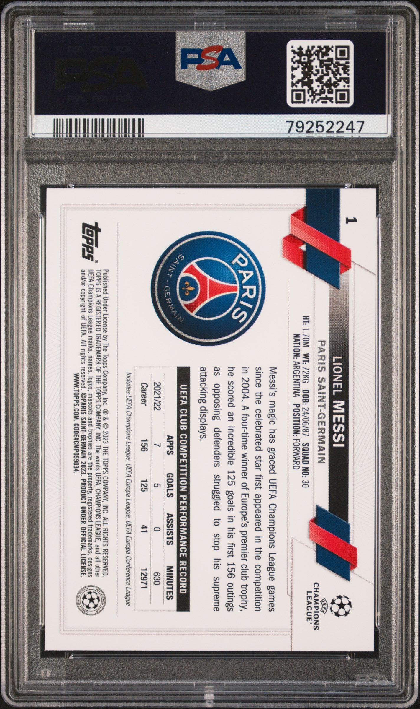 2022-23 Topps UEFA Lionel Messi Inferno PSA 10