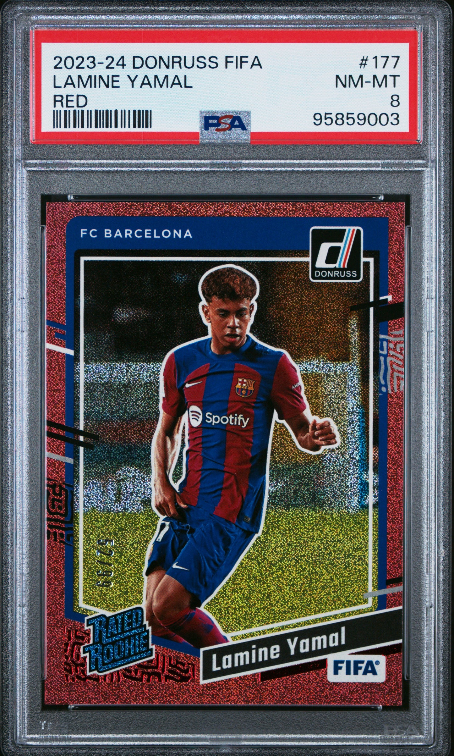 2023-24 Panini Donruss Fifa Lamine Yamal Rated Rookie Red 52/99 PSA 8