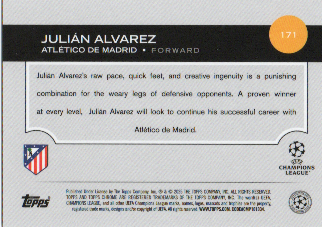 2024-25 Topps Chrome UEFA Julian Alvarez Hero Variation Short Print