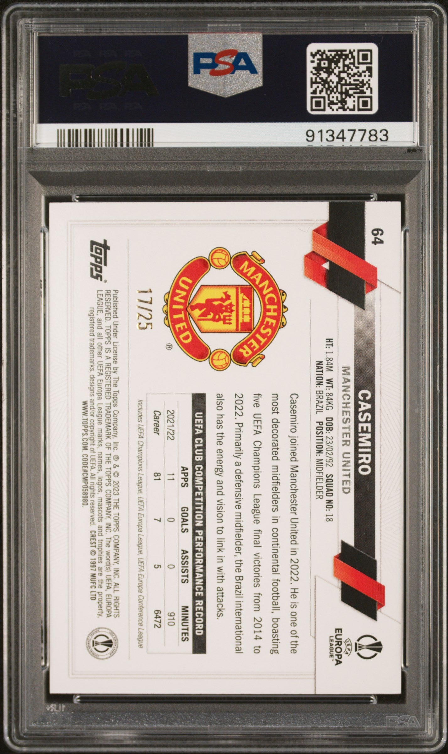 2022-23 Topps Carnaval UEFA Casemiro Orange 17/25 PSA 10