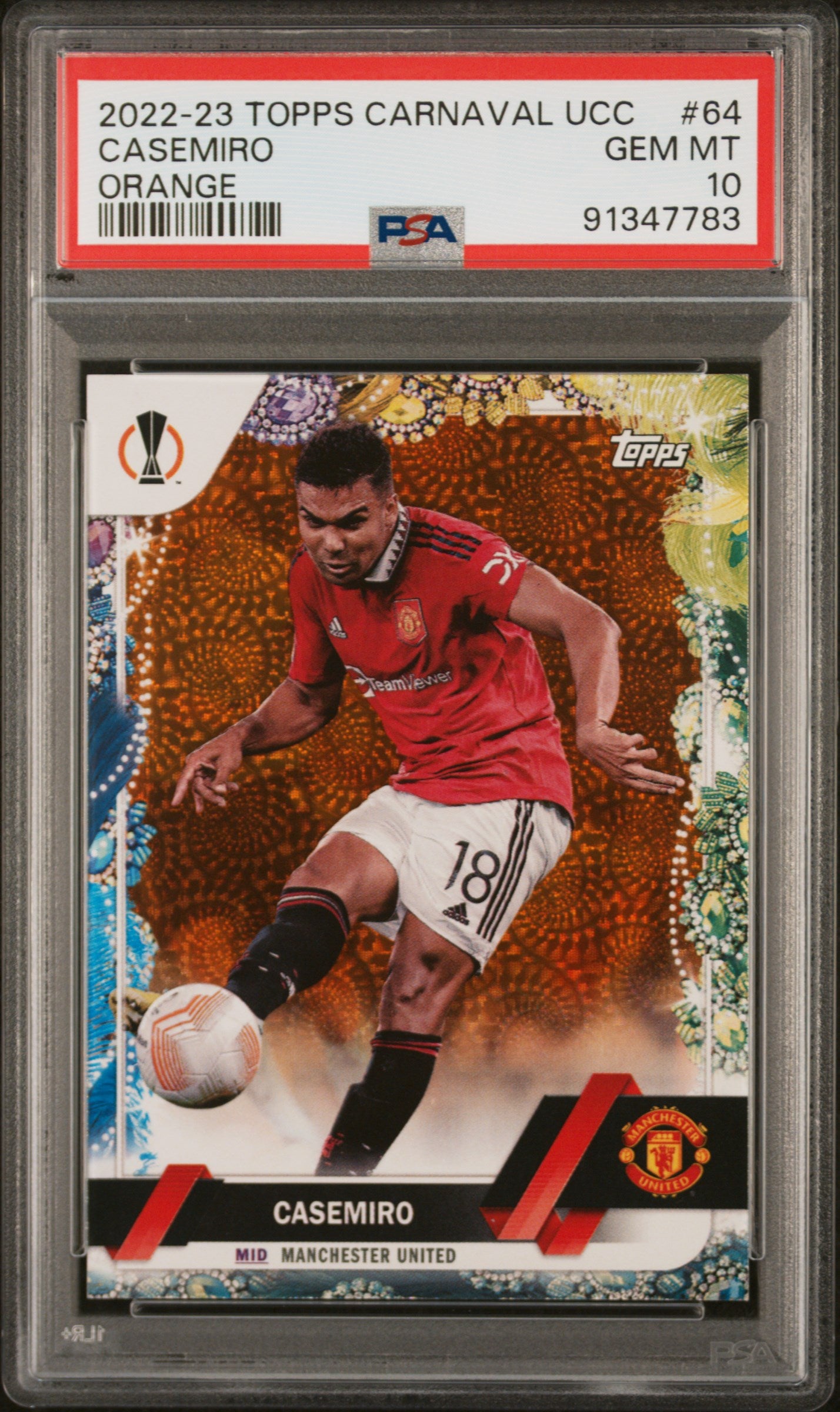 2022-23 Topps Carnaval UEFA Casemiro Orange 17/25 PSA 10