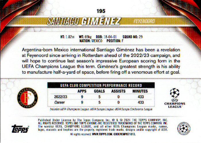 2023-24 Topps Chrome Santiago Gimenez Pink Lava "Future Star"