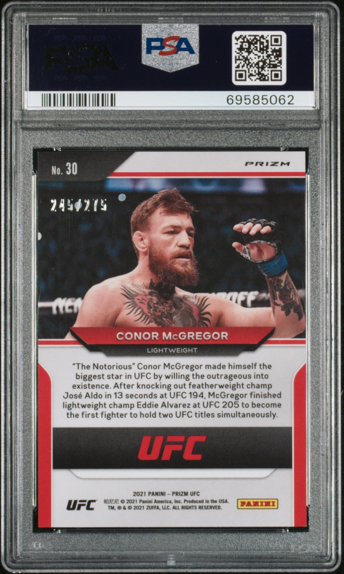 2021 Panini Prizm UFC Conor McGregor Red Prizm 245/275 PSA 10