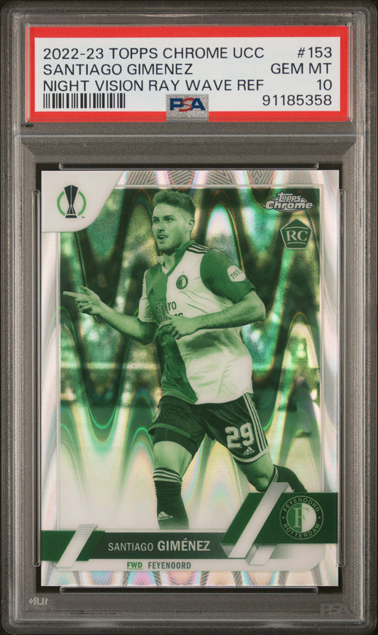 2022-23 Topps Chrome UEFA Santiago Gimenez Rookie Night Vision Ray Wave 222/225 PSA 10